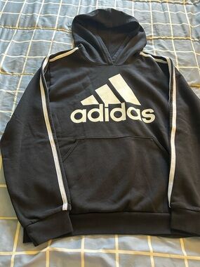 adidas Black Hoodie with White Logo and Sleeve Stripes